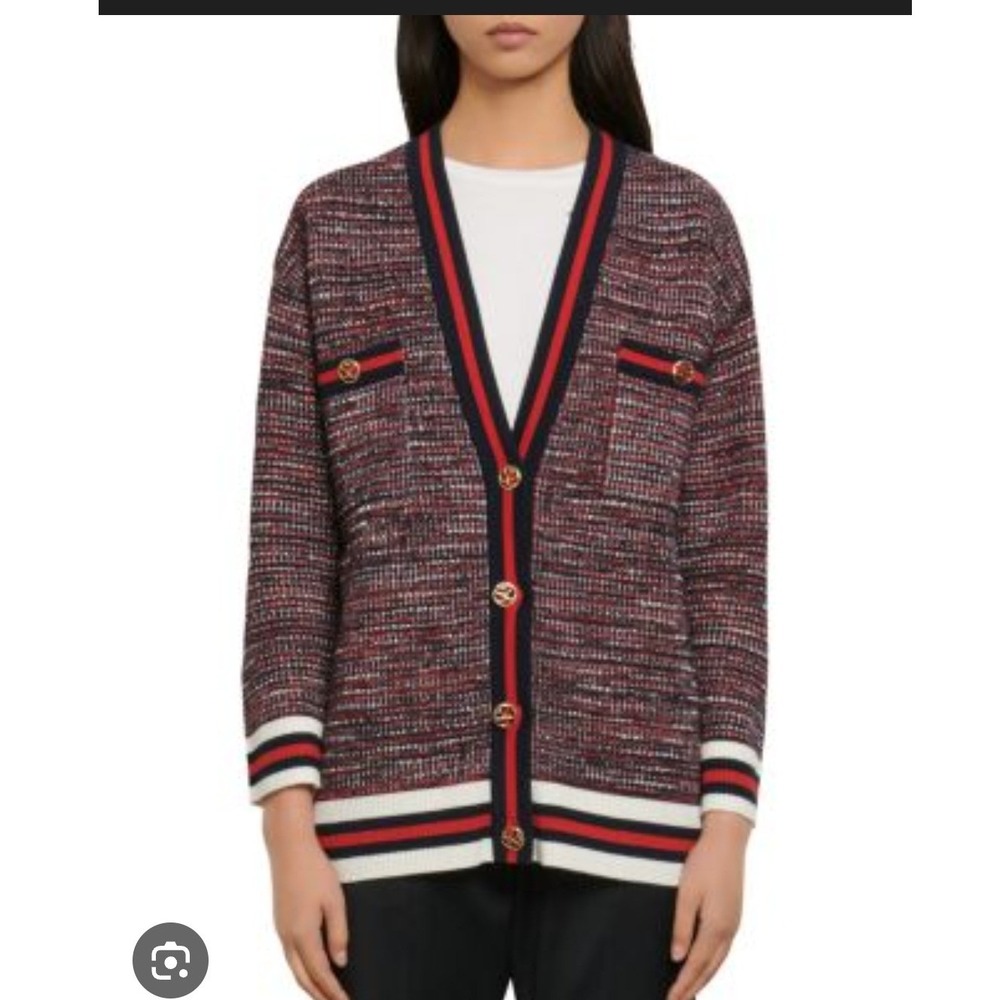 Sandro Dyna Oversized Tweed Cardigan Navy Red White‎ Striped SFPCA00153-401